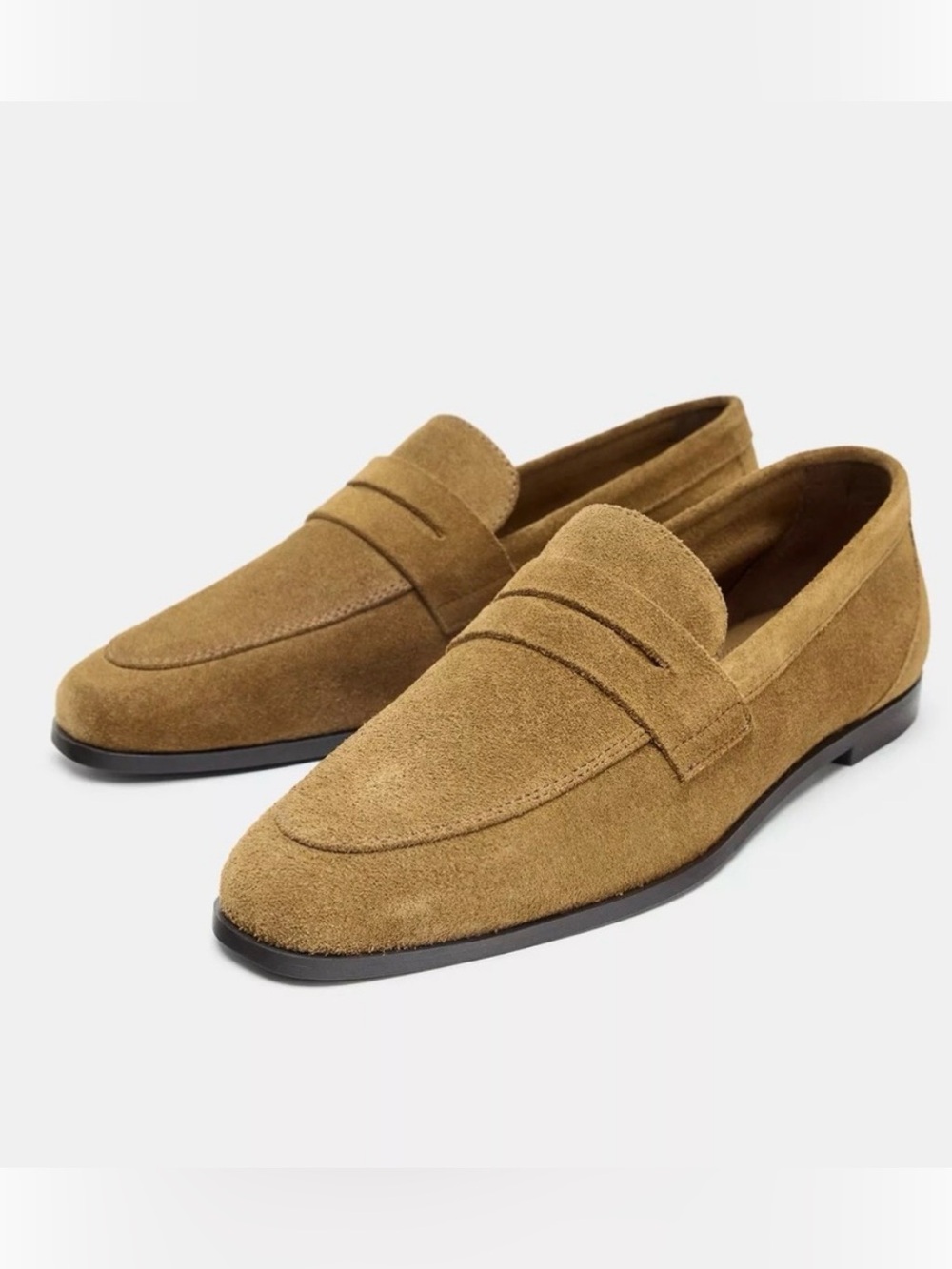 Zara Suede Penny Loafers in Camel Brown